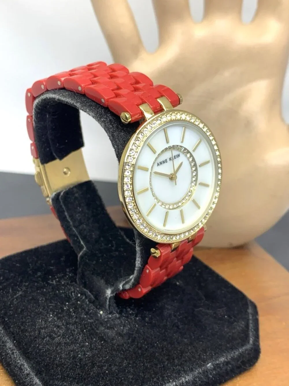 Anne Klein Women's Watch AK\2620 Quartz Mother of Pearl Dial Gold Red Resin 34mm